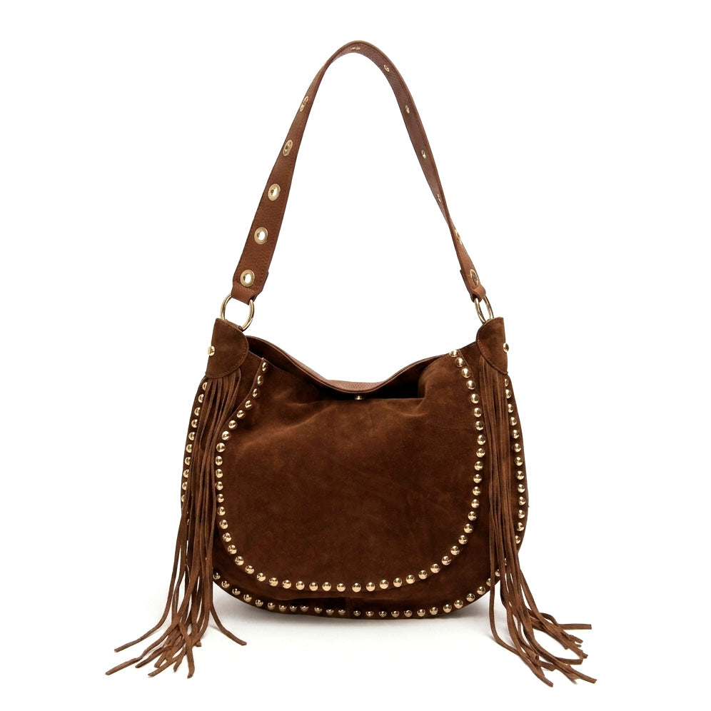 LYRA - Bolso de hombro con flecos y tachuelas MARRON