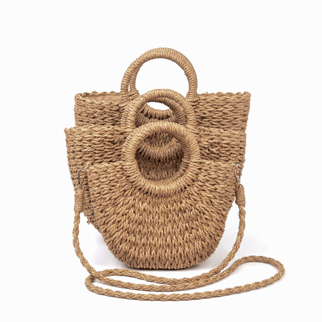 VELA - Set de 3 bolsos de rafia CAMEL