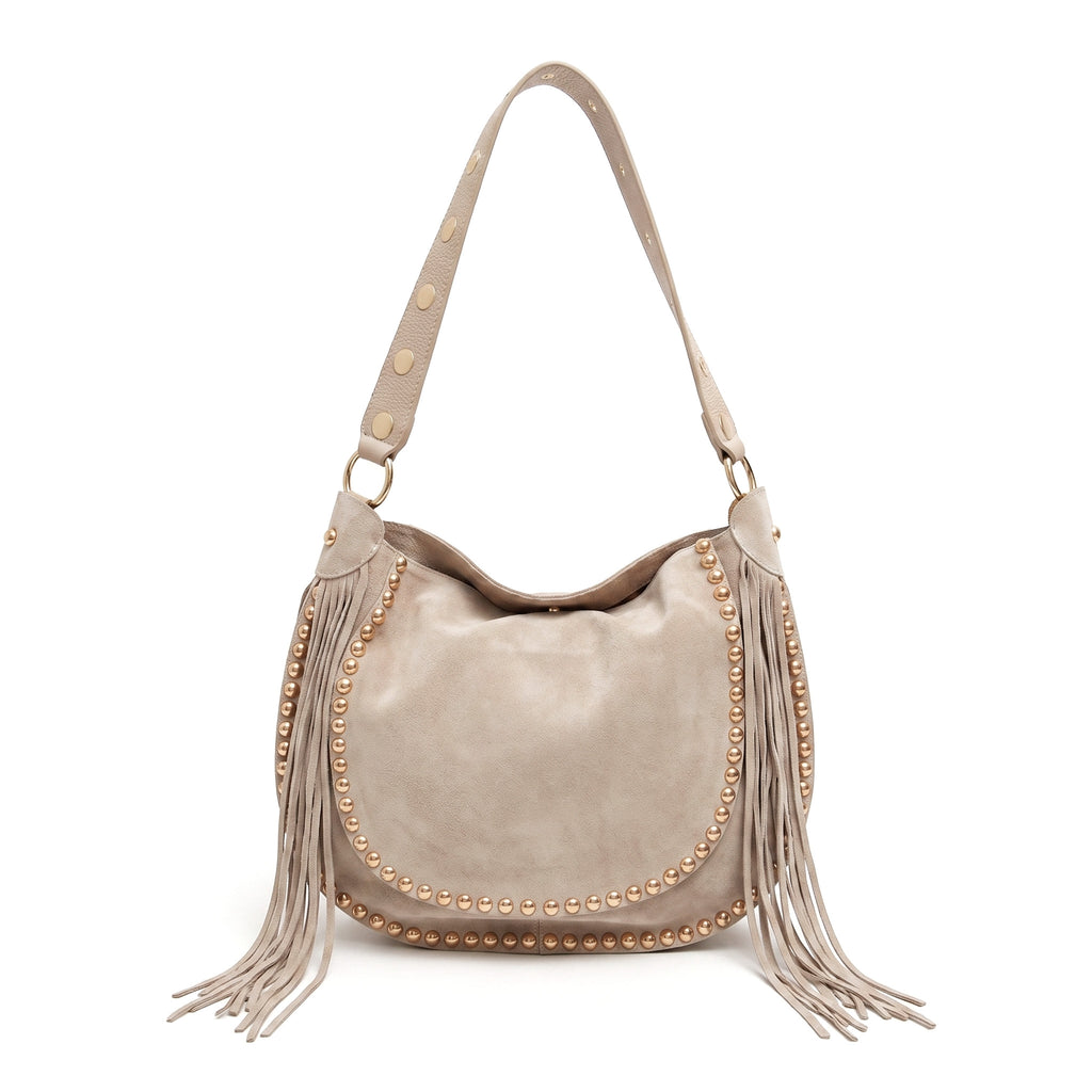 LYRA - Bolso de hombro con flecos y tachuelas BEIGE