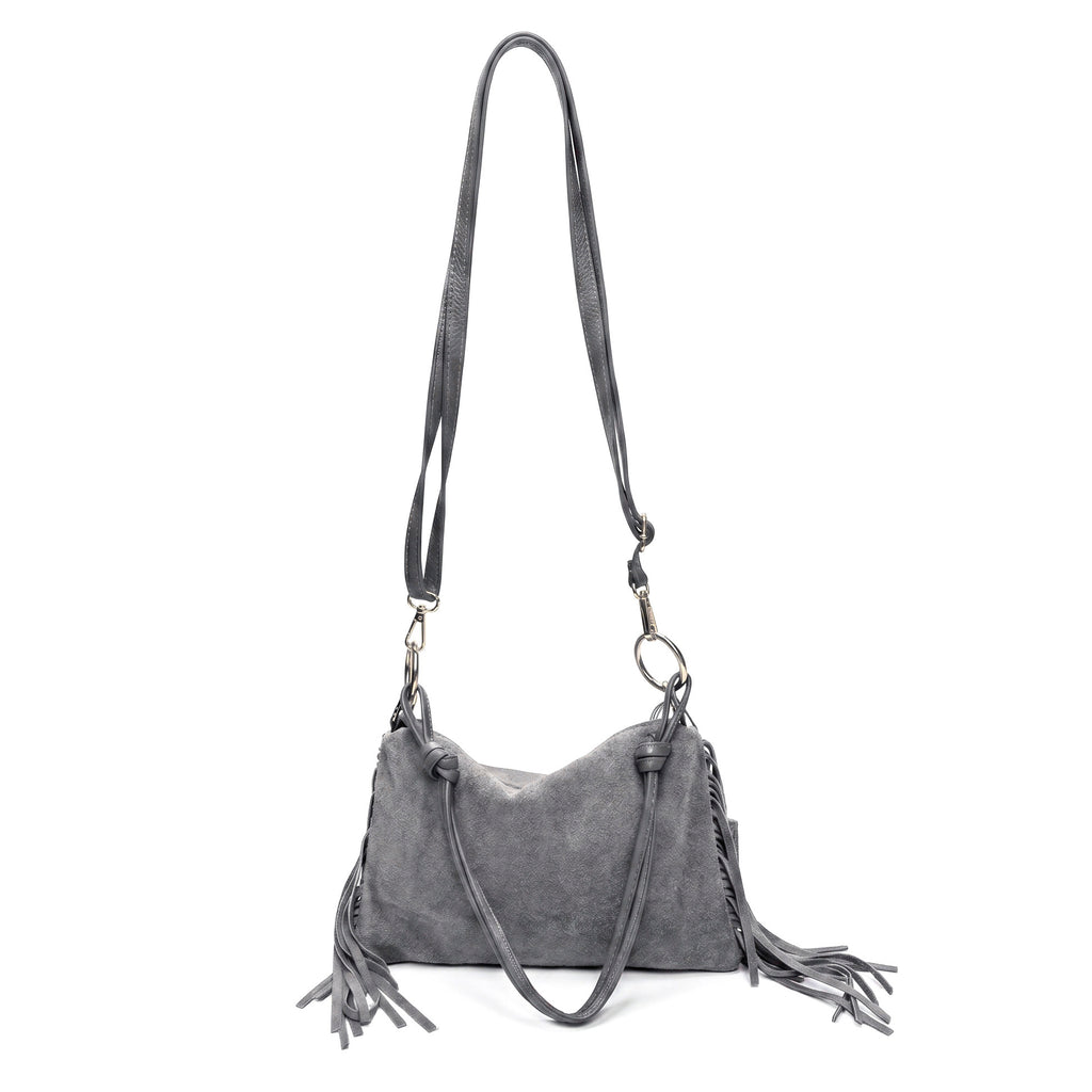 TIERRA - Bolso bandolera de flecos de piel GRIS