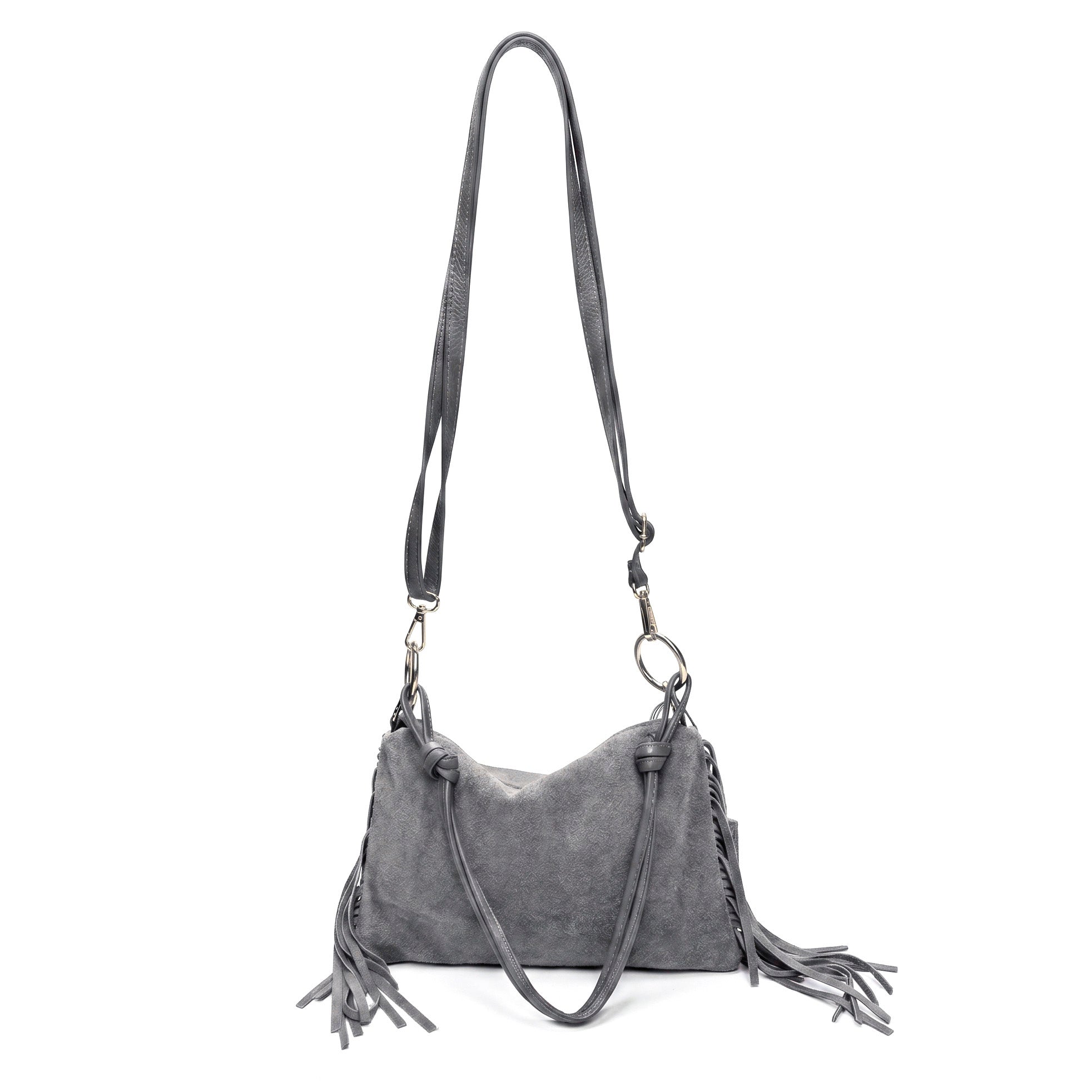 TIERRA - Bolso bandolera de flecos de piel GRIS