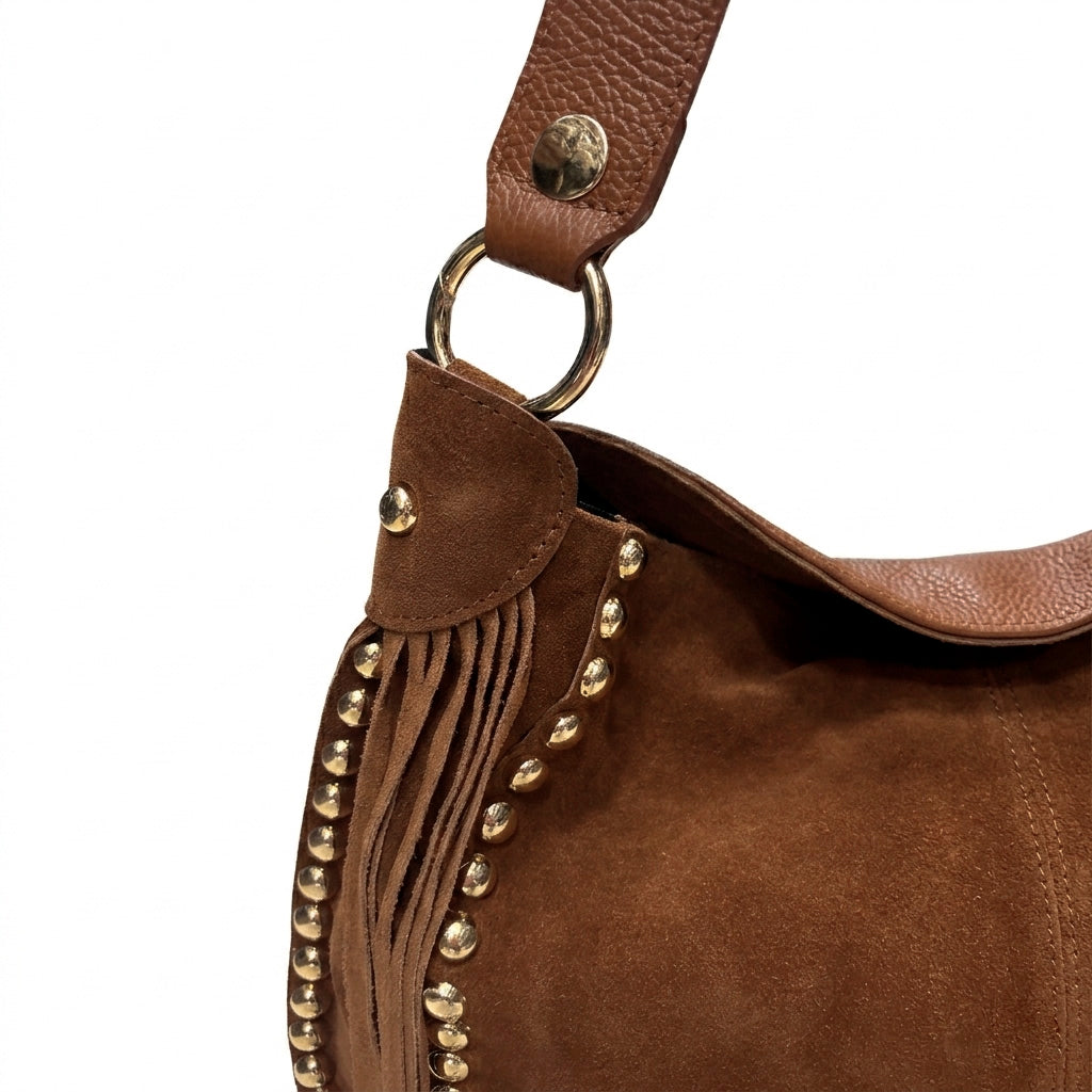 LYRA - Bolso de hombro con flecos y tachuelas MARRON