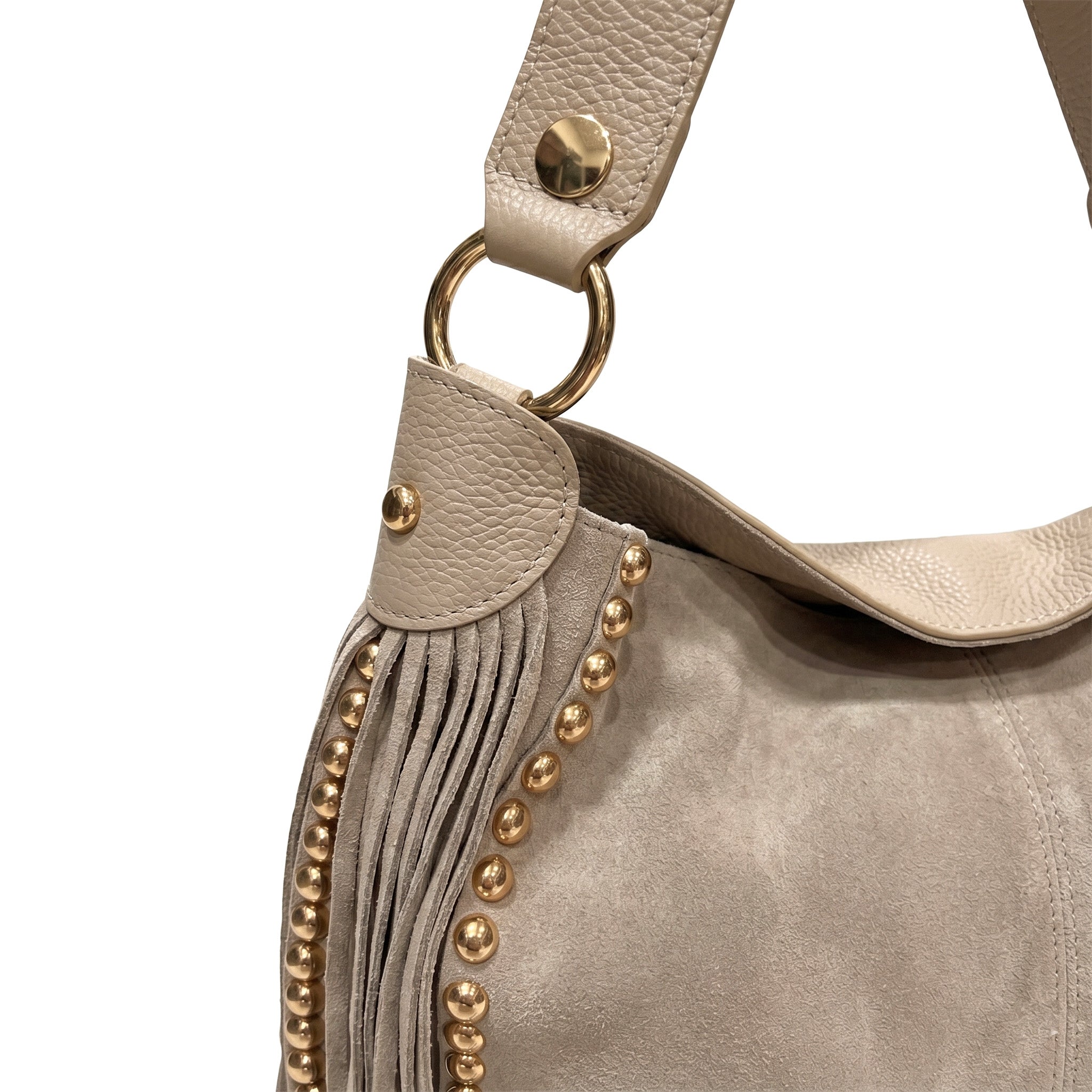 LYRA - Bolso de hombro con flecos y tachuelas BEIGE
