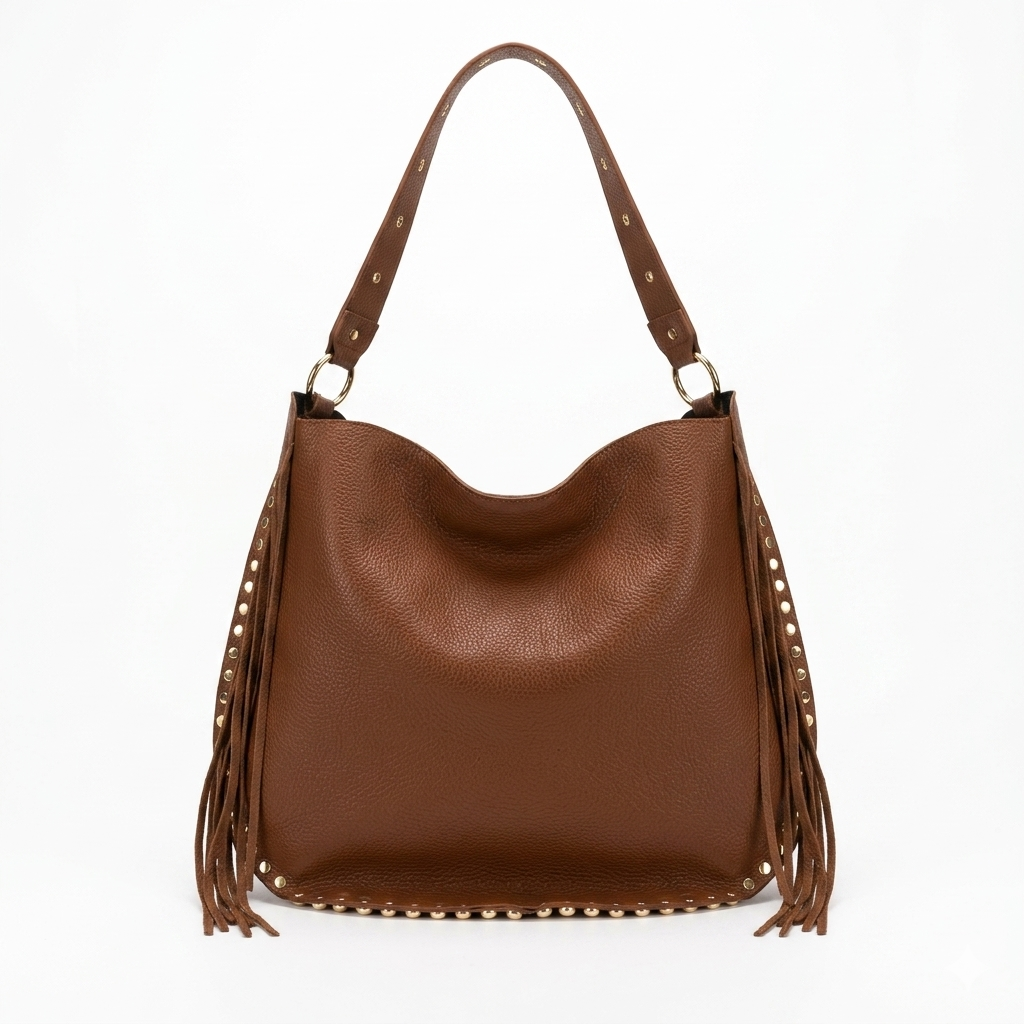 LYRA - Bolso de hombro con flecos y tachuelas MARRON