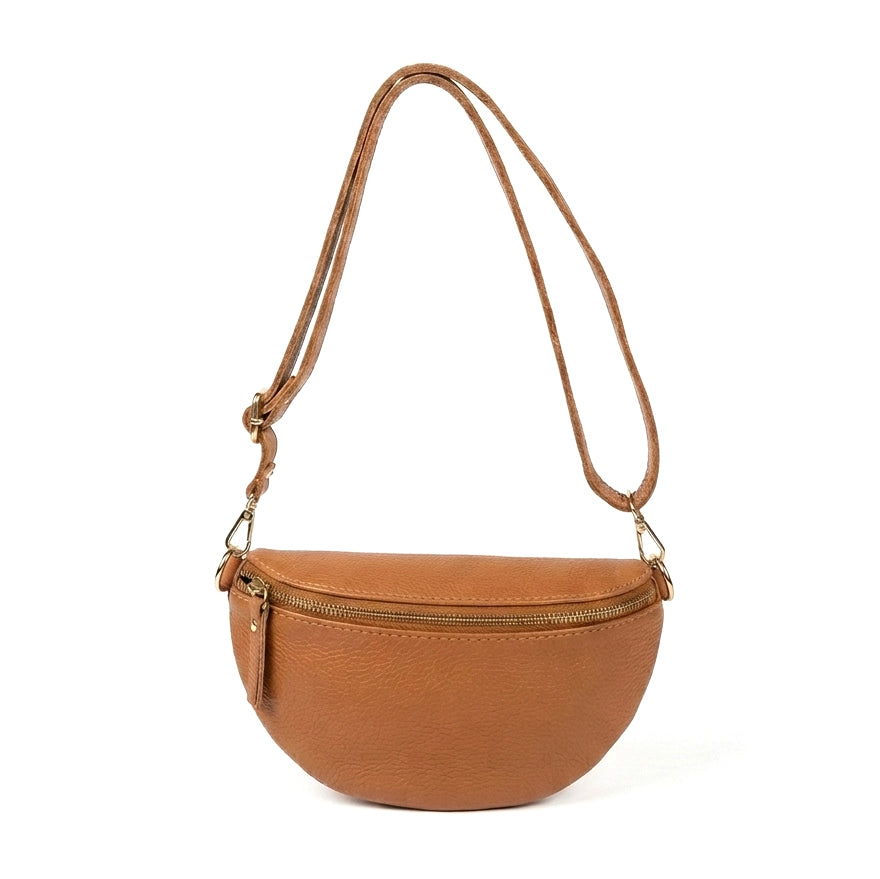ELARA - Bolso riñonera de piel con correa ajustable CAMEL